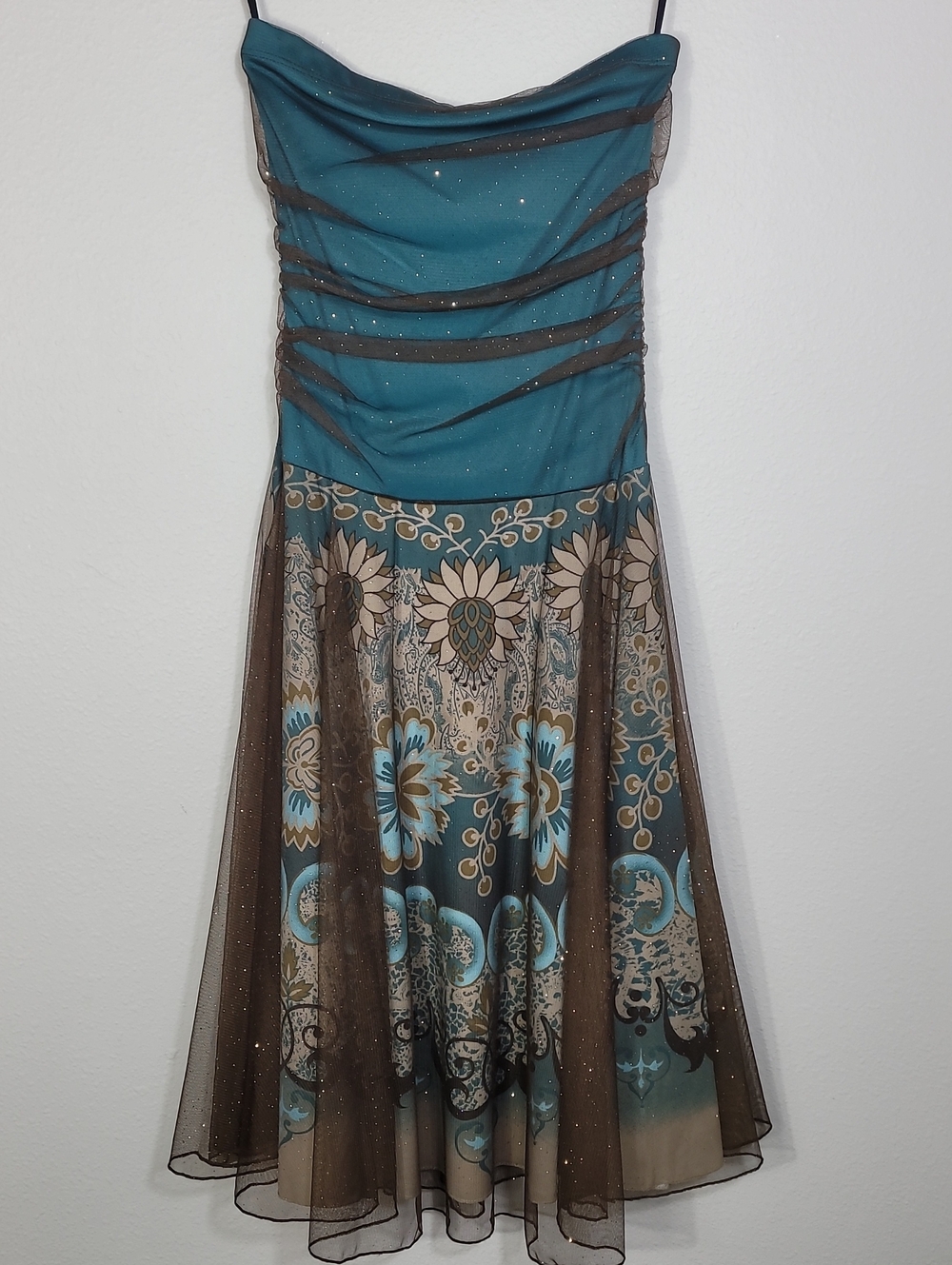 Y2K Strapless Party Dress XS/S Teal Brown Sheer Floral Sparkle Fairycore